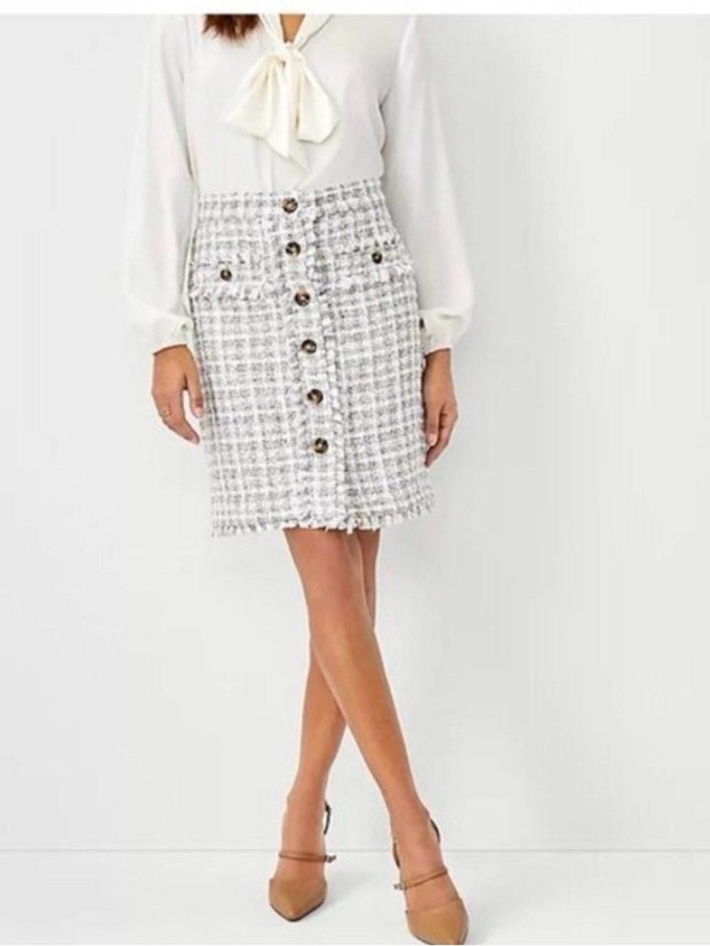 Ann Taylor Button-Front Tweed Mini Skirt in Ivory and Taupe